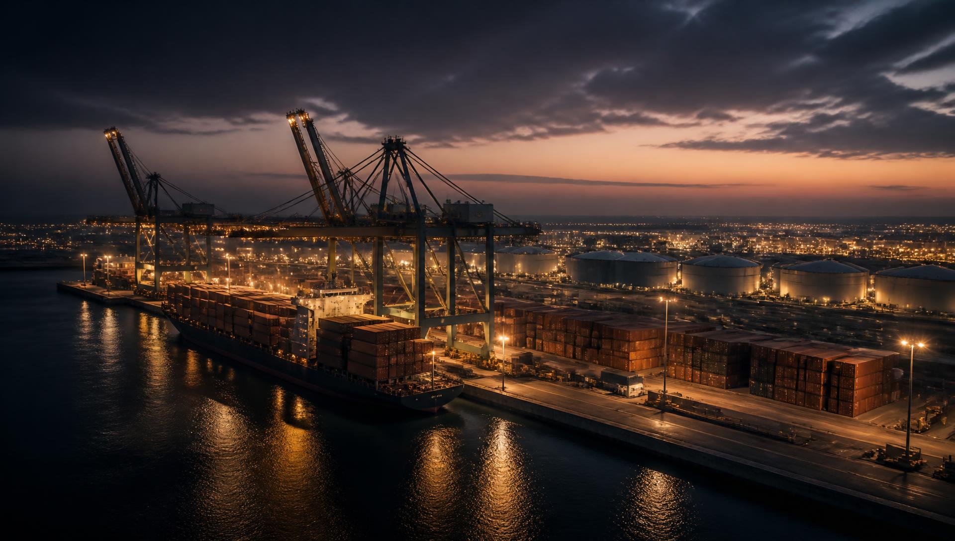Modern African deep-water port and petroleum storage infrastructure at dusk
