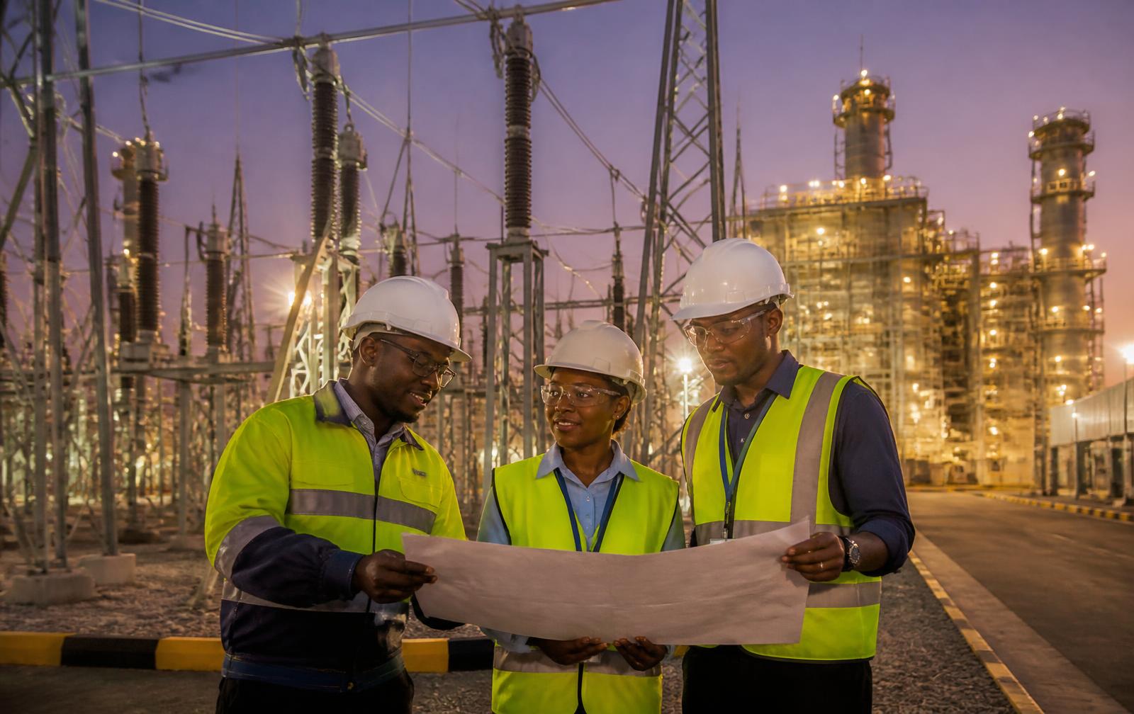 African engineers reviewing plans at a modern energy facility