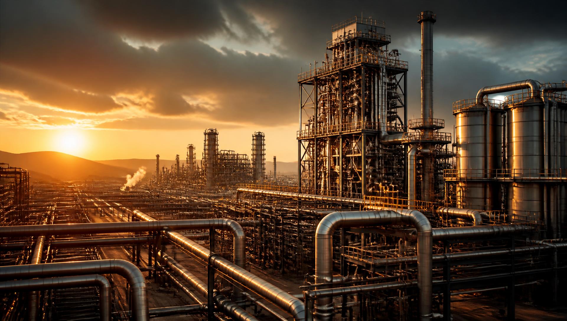 Modern African mineral refinery at golden hour