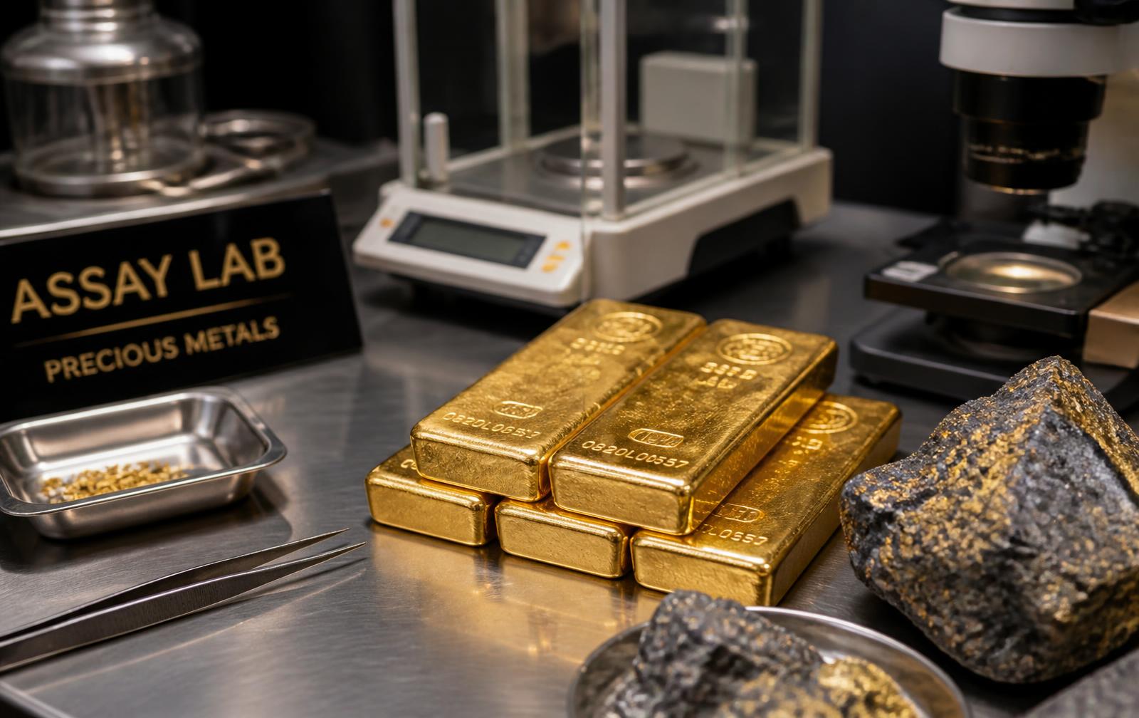 Refined gold and mineral samples in a professional assay laboratory